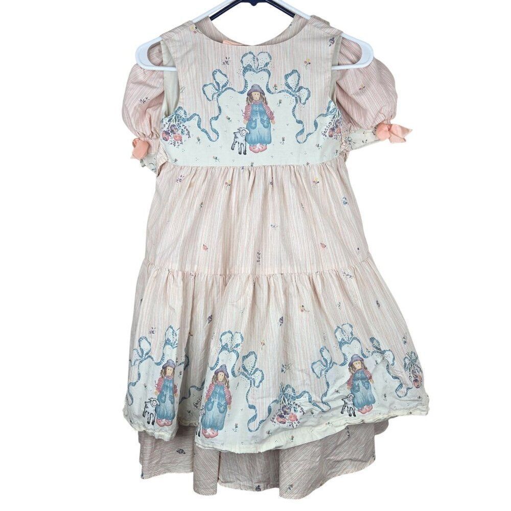 Vintage 90s Daisy Kingdom Girls Size 6 Dress Pink Pinafore Puff Sleeve Modest